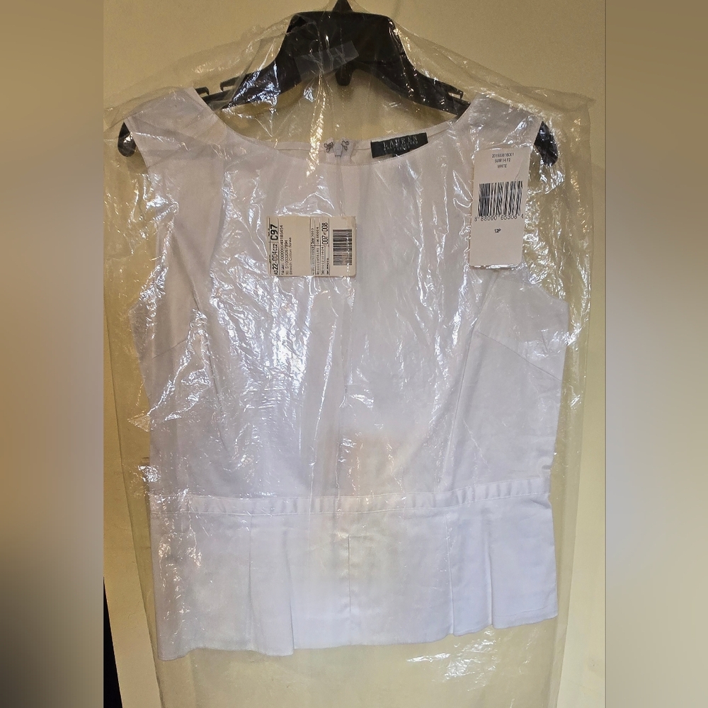 NEW! Lauren Ralph Lauren White Sleeveless Peplum Blouse, 12P NWT